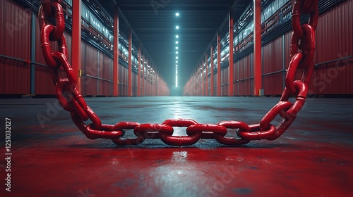 Industrial blockade concept with massive steel chain restricting movement in cargo facility