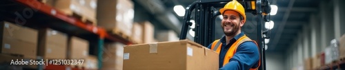 Smiling forklift operator efficiently moves pallet , supply chain, friendly