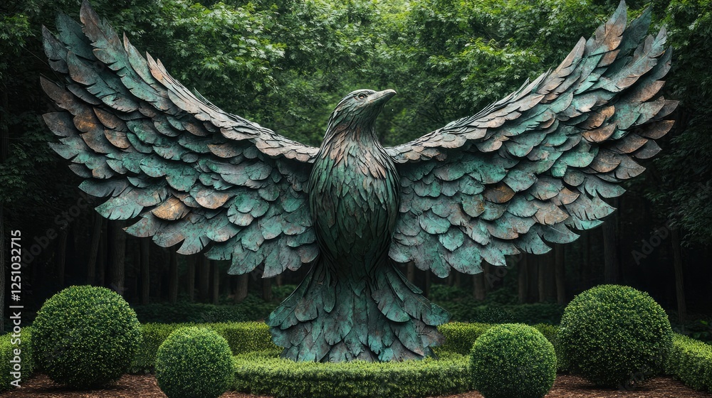 Fototapeta premium Topiary bird in flight with legs extended and wings spread created with generative ai