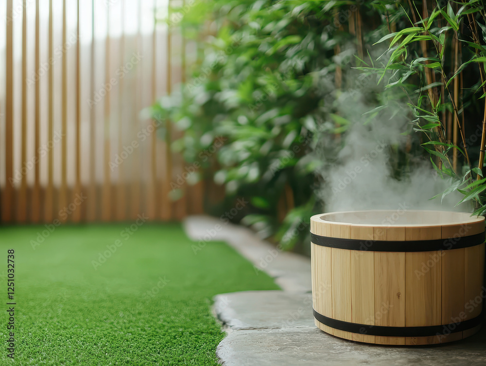 serene Japanese inspired garden with steaming wooden tub serene Japanese inspired garden with steaming wooden tub
