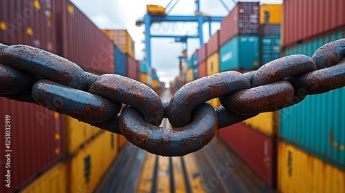 Logistic problems depicted by locked steel chain stopping movement between freight containers