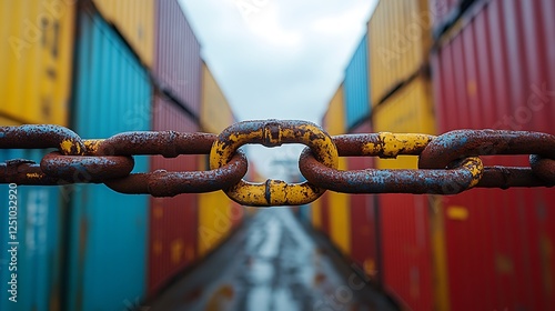 Logistic problems depicted by locked steel chain stopping movement between freight containers