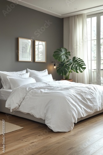 Minimalist bedroom with white bedding and monstera plant