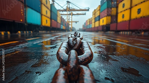 Global trade disruption concept represented by locked chain cutting off access to shipping yard
