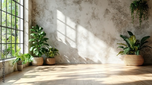 Sunlit room, plants, textured wall, wood floor, interior design