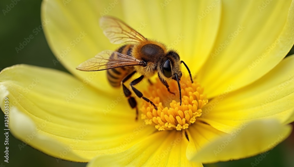 Honeybee Collecting Pollen from a Vibrant Yellow Flower Center Focus Honeybee Collecting Pollen from a Vibrant Yellow Flower Center Focus