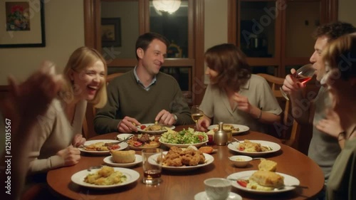 Family Laughing and Enjoying Meal Together at Home Gathering