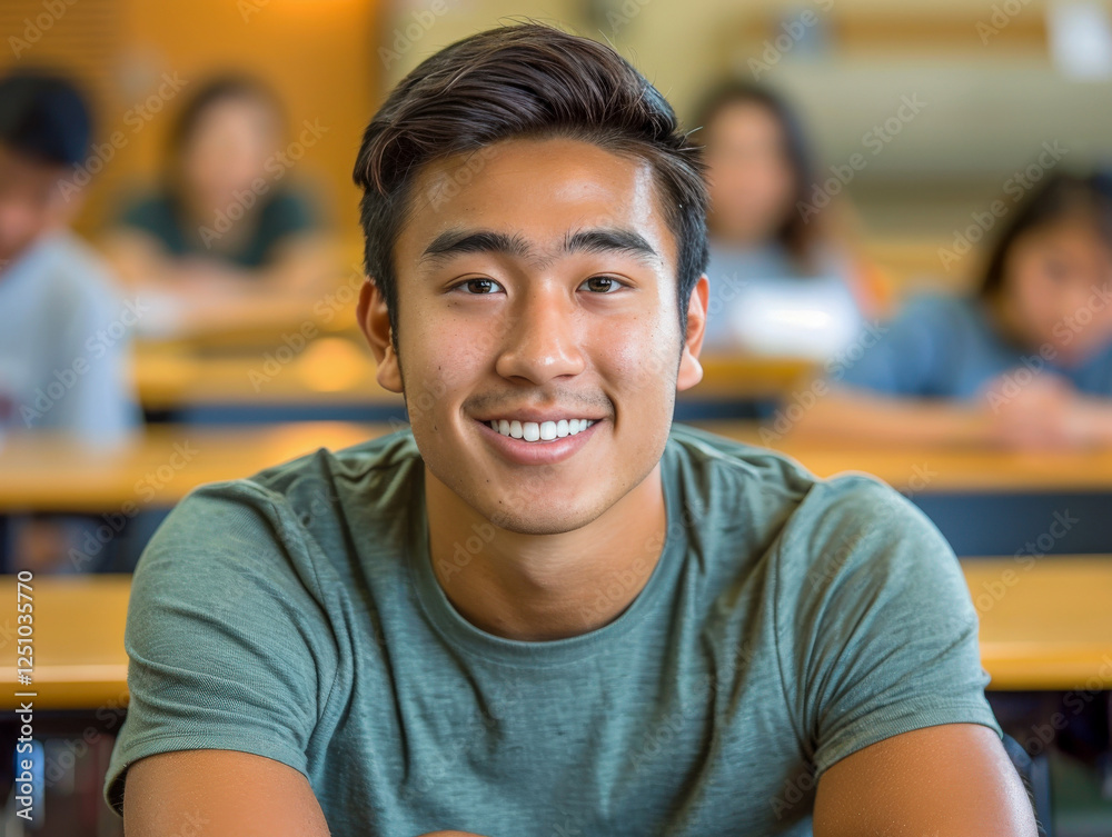 Chinese smiling male college student sitting a classroom against blurred background of his colleagues. Close-up. Copy space for text. Chinese smiling male college student sitting a classroom against blurred background of his colleagues. Close-up. Copy space for text.