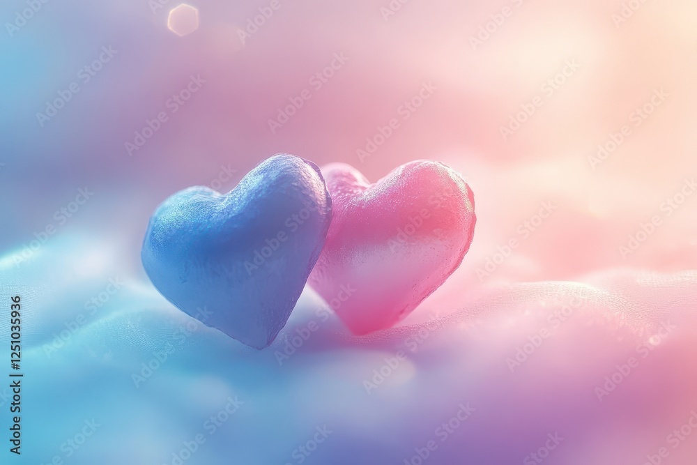 Two Glittery Hearts on a Pastel Cloud Background Two Glittery Hearts on a Pastel Cloud Background