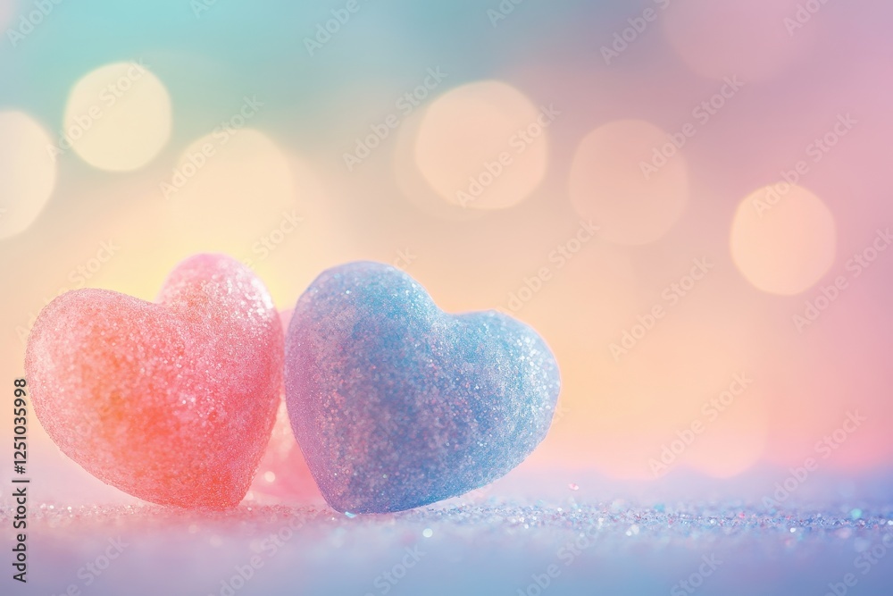 Fototapeta premium Two Glittery Pastel Hearts on Sparkling Background