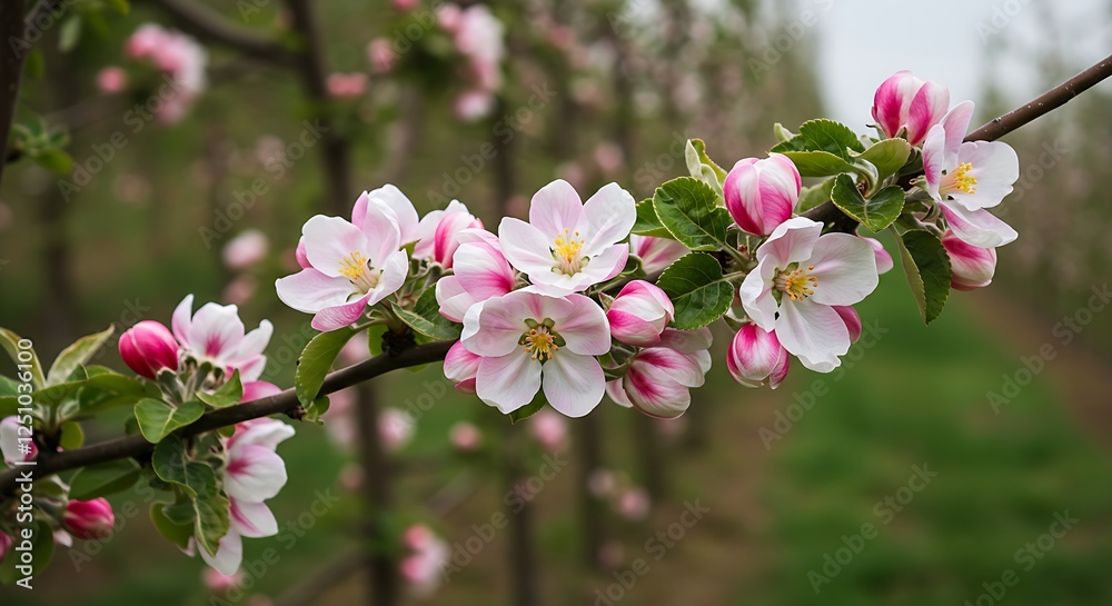 A row of apple trees blooming with pink and white flowers. A row of apple trees blooming with pink and white flowers.