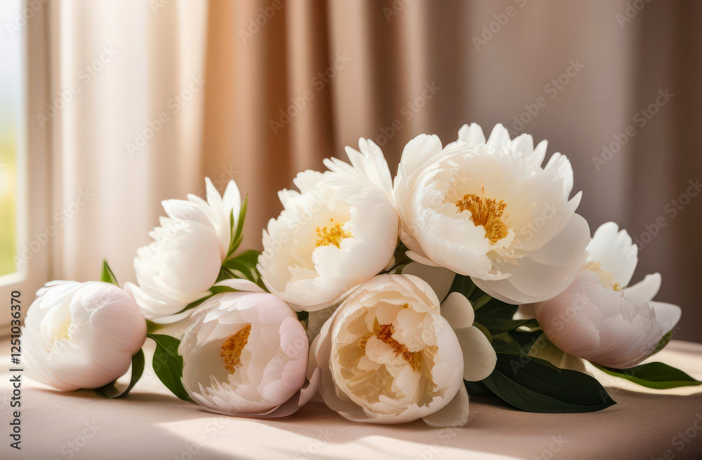 Bouquet of white peonies on blurred beige background with chiaroscuro. Delicate fragrant flowers. Close-up. Copy space for text. Bouquet of white peonies on blurred beige background with chiaroscuro. Delicate fragrant flowers. Close-up. Copy space for text.