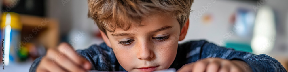 Fototapeta premium Young Boy Concentrating on Activity at Table