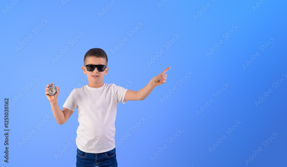 Portrait of confident cute boy in sunglasses holding stopwatch and pointing away on blue background Portrait of confident cute boy in sunglasses holding stopwatch and pointing away on blue background