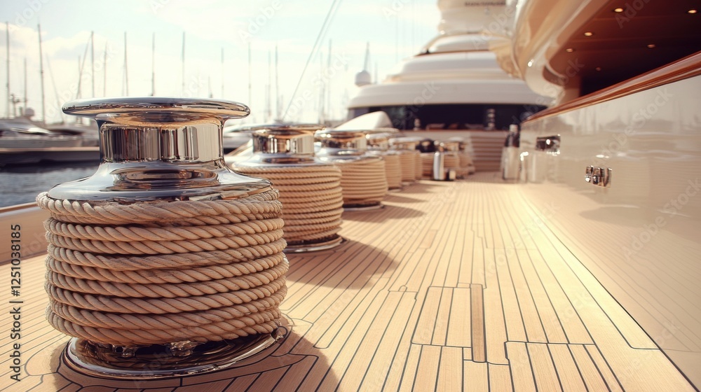 Elegant Yacht Deck with Cleats and Ropes Under Warm Sunlight Elegant Yacht Deck with Cleats and Ropes Under Warm Sunlight