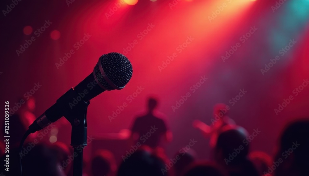 Obraz premium Classic microphone close-up, concert backdrop, shiny, vintage