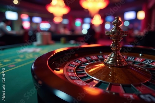 Close-up of roulette and card tables in dimly lit casino , cards, interior, intense