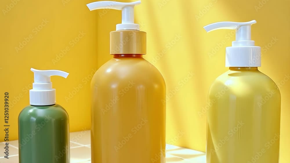 Colorful bottles and containers against a bright yellow background Colorful bottles and containers against a bright yellow background