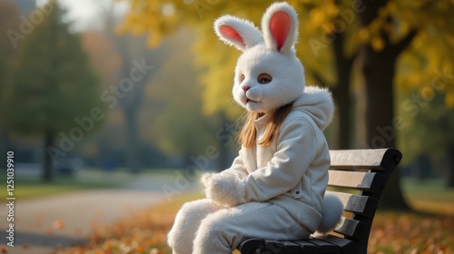 Teen girl in rabbit mask sitting on park bench, Quadrober teenage subculture