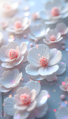 Delicate white and pink flowers arranged with sparkling background