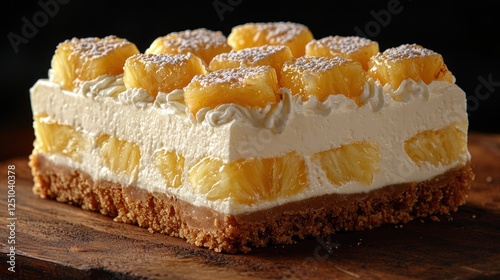 Delicious layered pineapple dessert with cream and biscuit base on wooden table