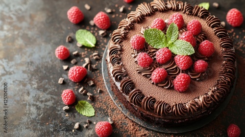 Chocolate cake topped with raspberries and mint leaves on a rustic surface