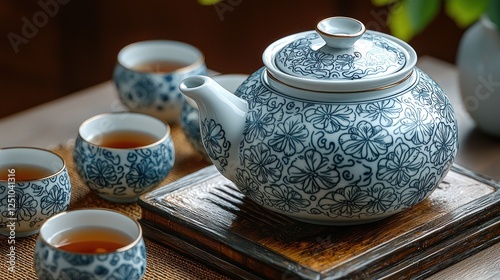 Elegant porcelain teapot with floral design surrounded by tea cups on a wooden tray