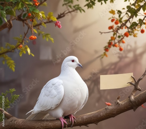 A white pigeon perched on a branch holding an empty postcard, brown tree trunk, tree