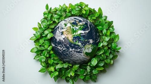 Earth surrounded by vibrant green leaves on a neutral background, symbolizing nature