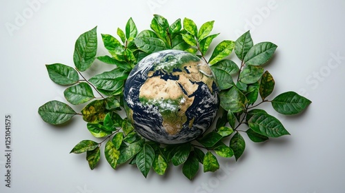 Earth globe surrounded by vibrant green leaves on a light background