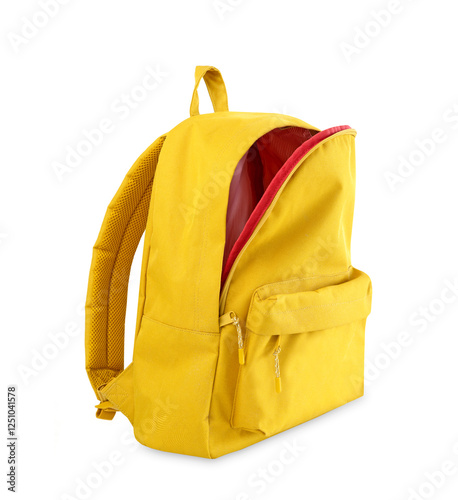Yellow backpack opened isolated on white.School bag advertisement design. Knapsack, rucksack,travel bag.