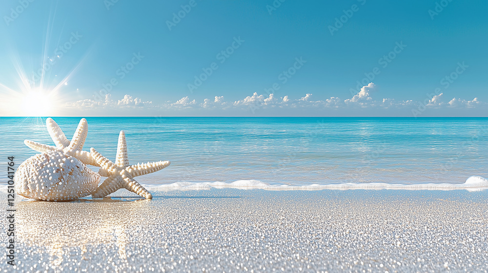 Tropical starfish, seashells on sandy beach with turquoise waves. Perfect for romantic travel, summer holidays, and exotic escapes.