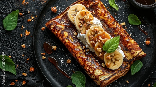 Delicious banana and walnut crepes served on a black plate with caramel sauce