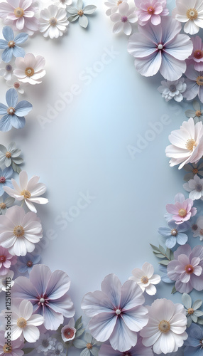Flower frame in soft pastel colors on blue background