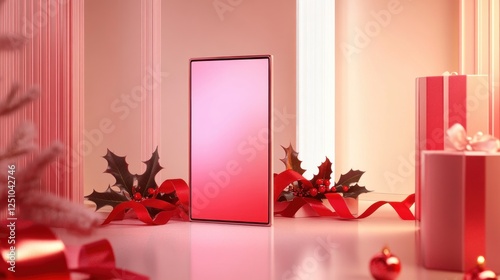Festive Holiday Tablet Mockup: Red & Pink Christmas Gifts
