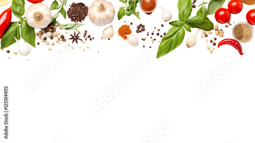 Fototapeta Naklejka Na Ścianę i Meble -  Culinary Herbs and Spices Border for Food Bloggers and Chefs Overhead View of Fresh Basil Garlic Peppercorns Chili Peppers and Tomatoes on Black Background