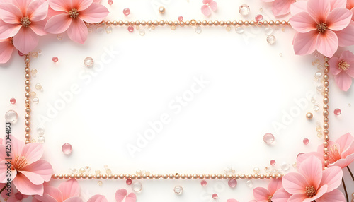 Floral frame with pink flowers and decorative pearls