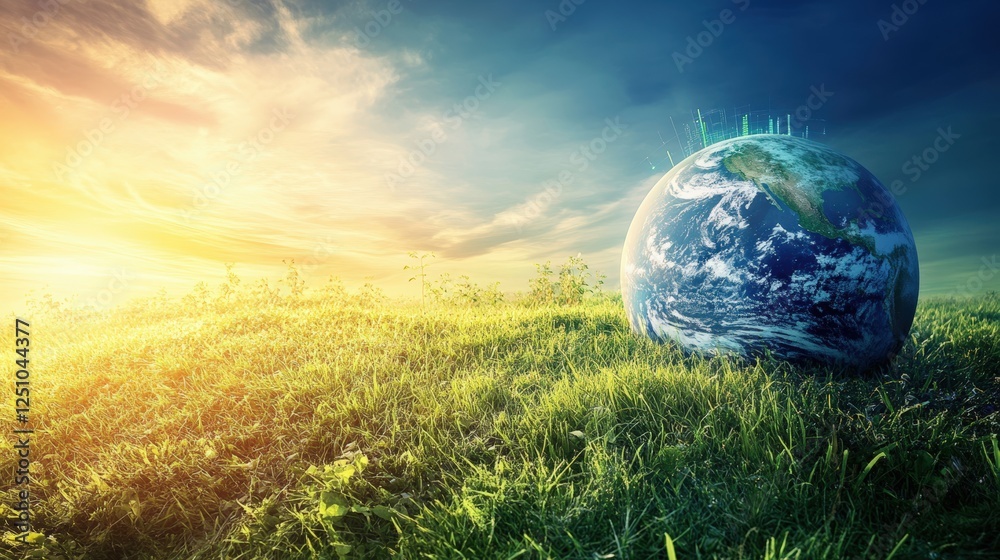 A New Dawn: A captivating panoramic view of Earth on a verdant hilltop, bathed in the radiant glow of both sunrise and sunset, signifying the interconnectedness of all things. A New Dawn: A captivating panoramic view of Earth on a verdant hilltop, bathed in the radiant glow of both sunrise and sunset, signifying the interconnectedness of all things.