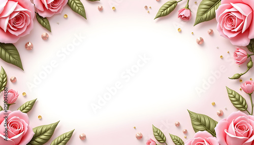 Watercolor floral frame with pink roses and leaves