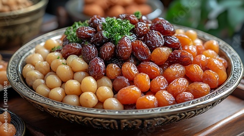 A side angle of a beautifully adorned dish with a variety of delicious sweets and dates photo