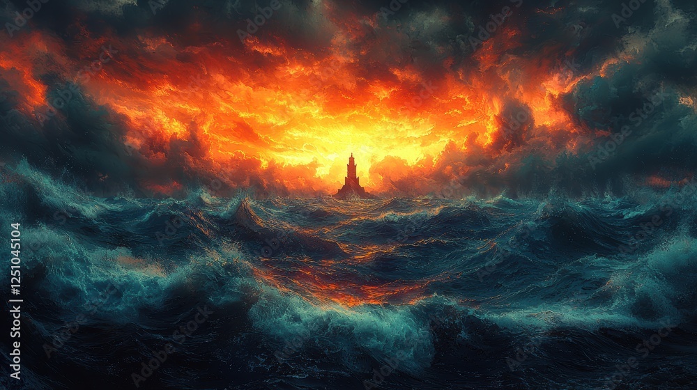 A dramatic seascape featuring a lighthouse amidst turbulent waves and fiery skies. A dramatic seascape featuring a lighthouse amidst turbulent waves and fiery skies.