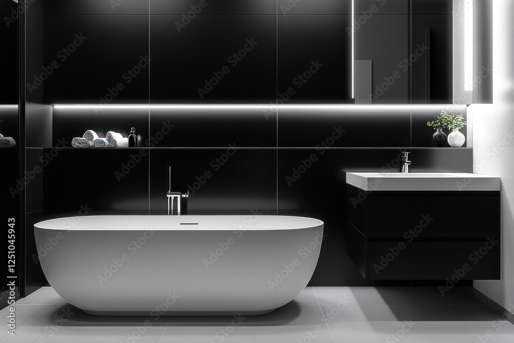 Fototapeta premium Modern Black and White Bathroom Interior Design: Minimalist Luxury