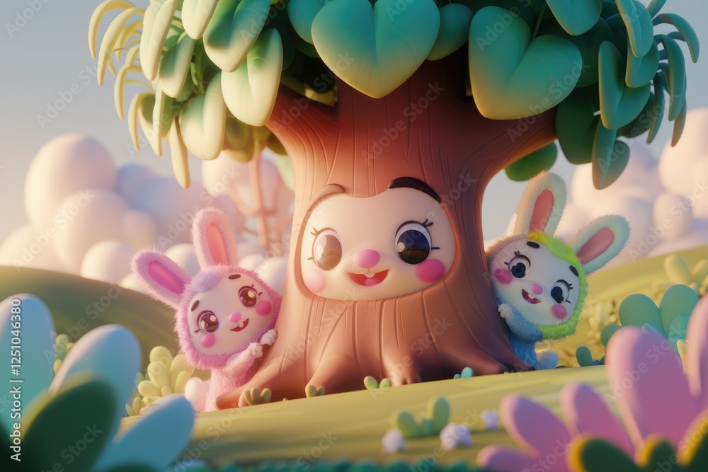 Naklejka premium Adorable cartoon bunnies playfully peek from behind a friendly, smiling tree in a whimsical, pastel landscape.