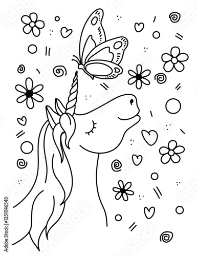 Unicorn with butterfly and flowers. Black and white coloring.
