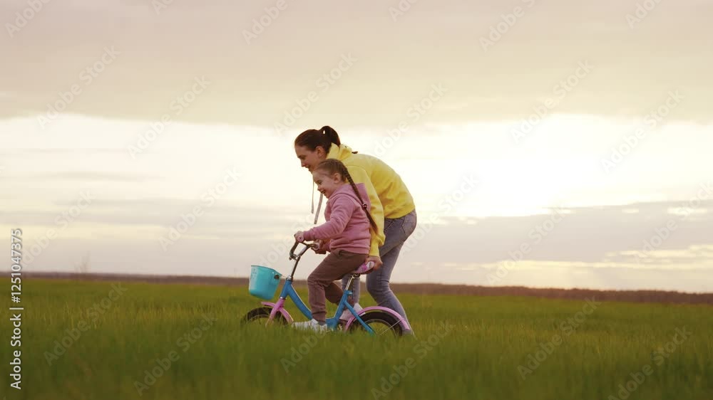 MOTHER RIDING CHILD DAUGHTER GIRL ON A BICYCLE, happy family, child with mother at sunset, child riding at sunset, woman with child, childhood with parent in nature, children's play MOTHER RIDING CHILD DAUGHTER GIRL ON A BICYCLE, happy family, child with mother at sunset, child riding at sunset, woman with child, childhood with parent in nature, children's play