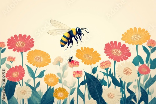 A vibrant illustration of bees buzzing over colorful flowers in a sunny field, showcasing nature s beauty and the importance of pollinators in springtime