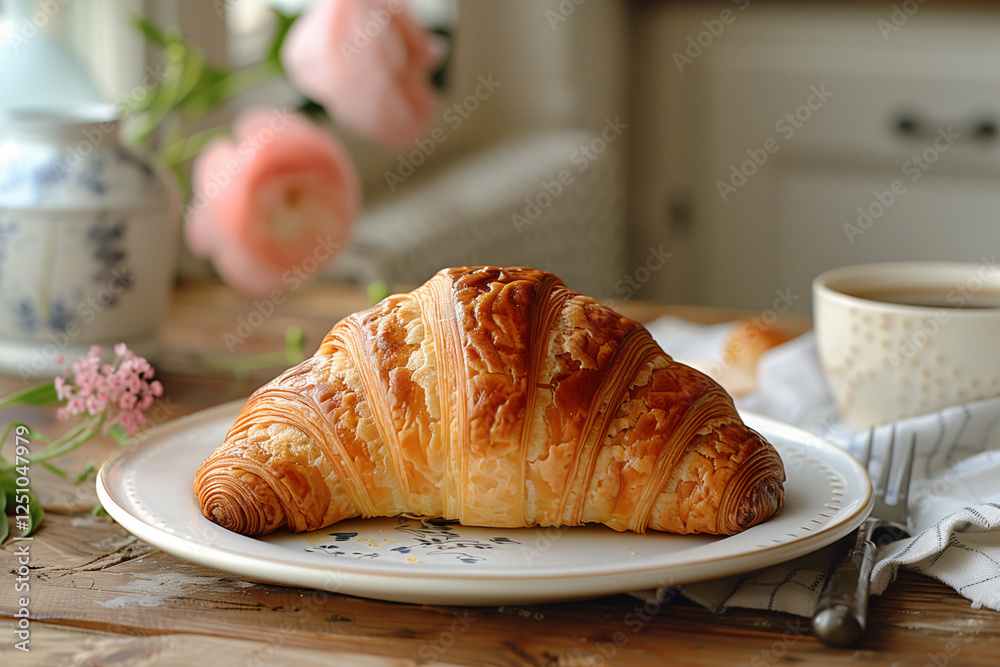 Freshly Baked Croissant with Floral Decor Freshly Baked Croissant with Floral Decor