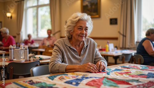 Serene elderly Asian woman quilting in community hall, charity event