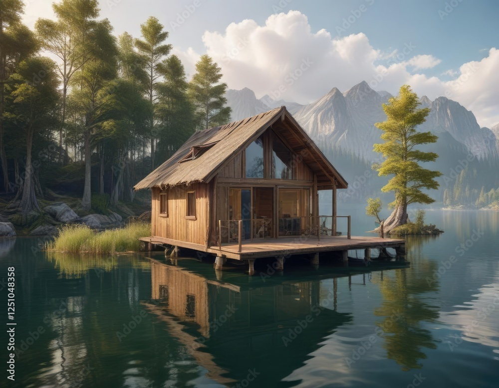 A wooden house partially submerged in the lake , house, lake A wooden house partially submerged in the lake , house, lake