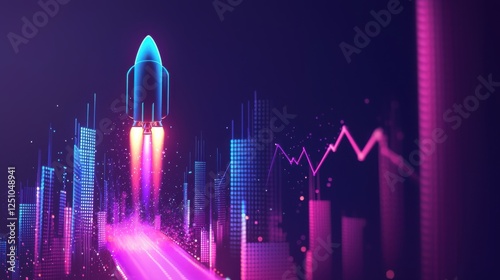 A futuristic rocket launching into a vibrant digital skyline. The scene captures innovation, growth, and progress in technology and space exploration.